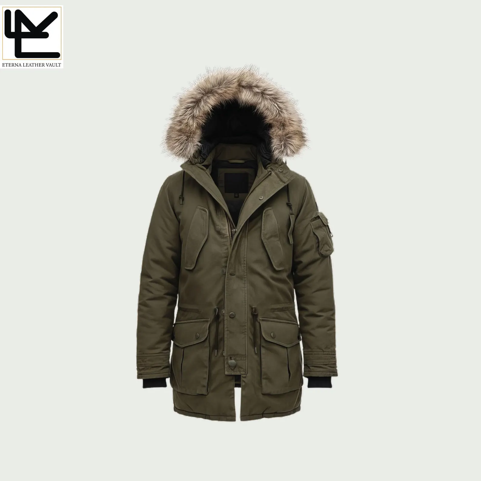 ELV olive green parka leather jacket - front view