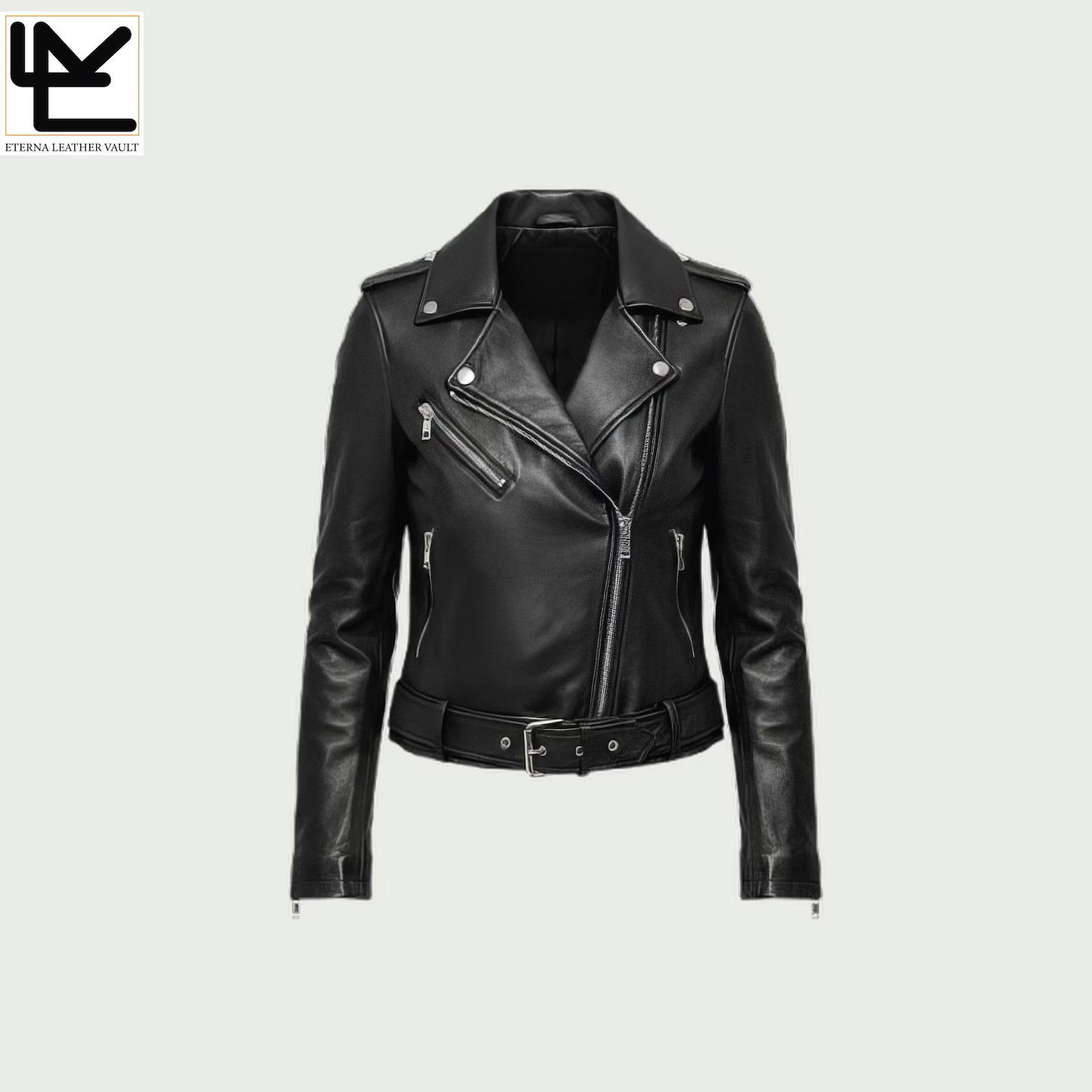 ELV black moto biker leather jacket - front view